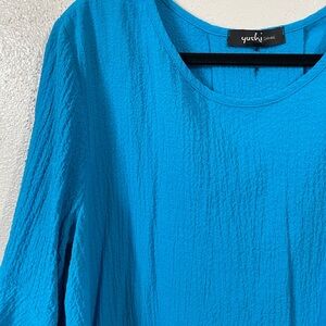 Yushi Crinkle Tunic Top Turquoise Oversized Lagenlook Textured Blouse Large XL